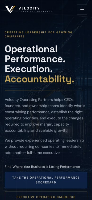 Velocity Operating Partners website, mobile view
