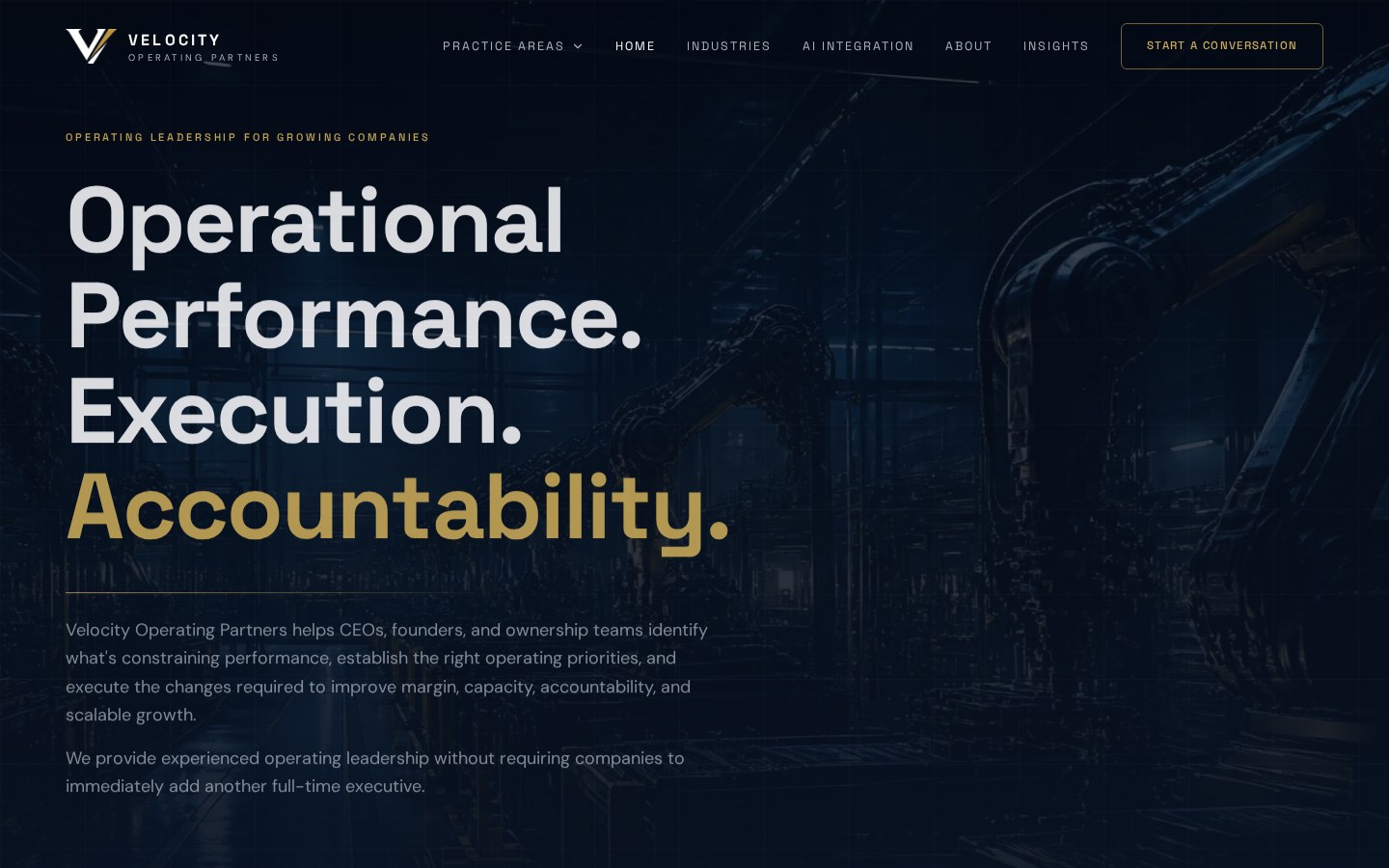 Velocity Operating Partners website, desktop view