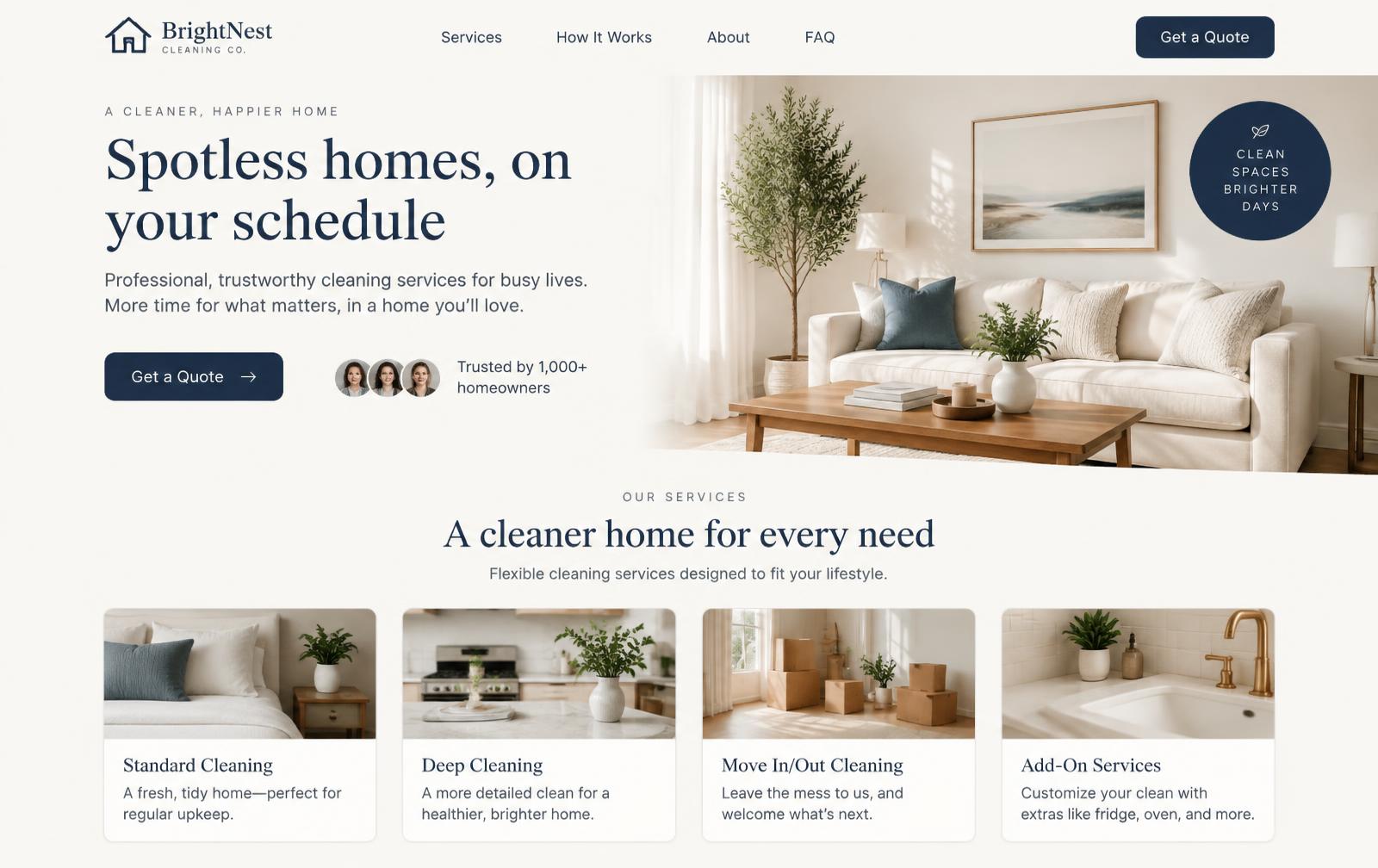Concept homepage design for a residential cleaning company