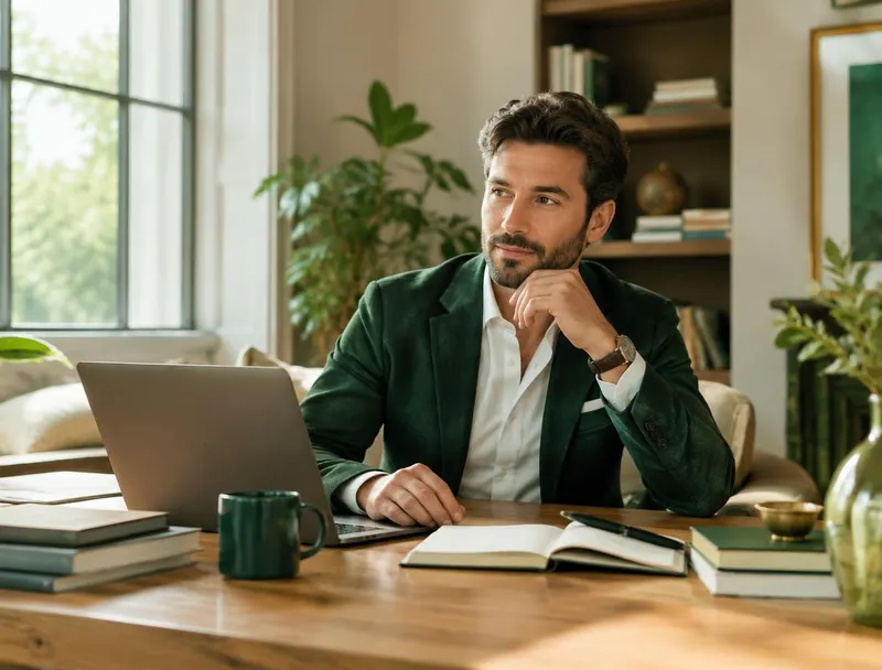 Consultant reviewing notes at a laptop in a refined home office