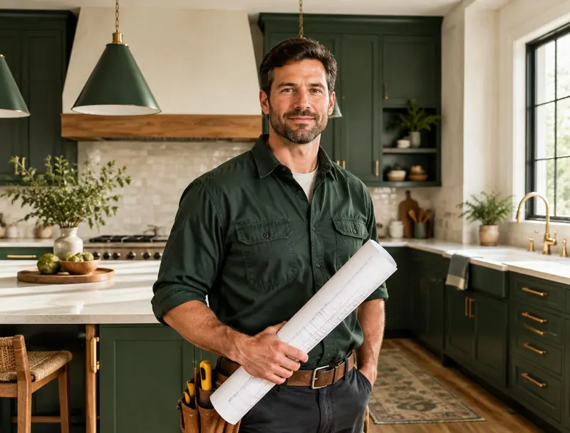 Remodeling contractor holding plans in a finished green kitchen