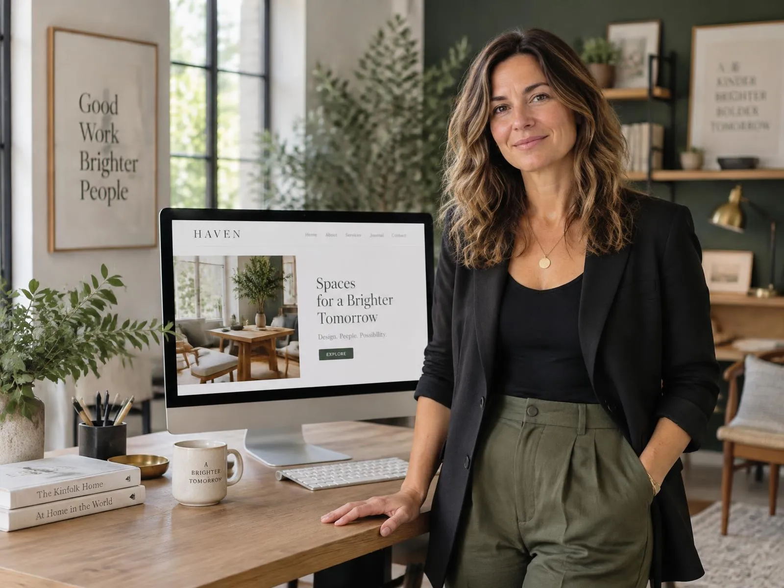 Business owner standing beside a large monitor displaying an elegant website design in a bright studio